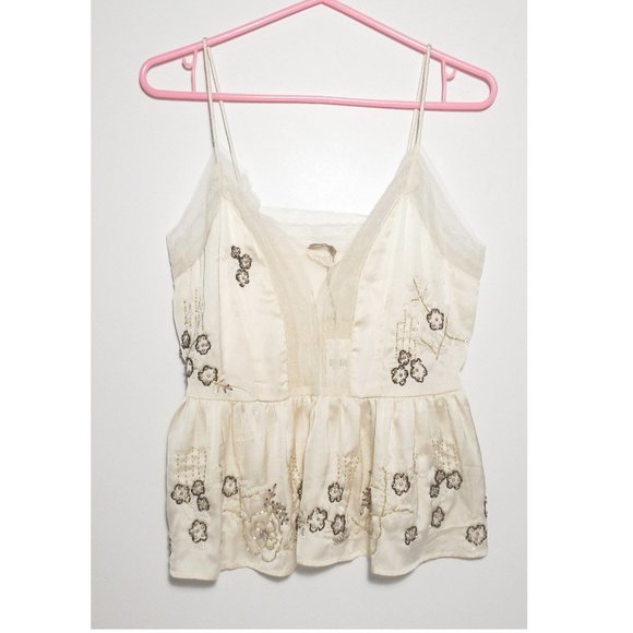 Anthropologie Let Me Be Beaded Lace Trim Silky Cami Ivory - Small - Picture 7 of 15